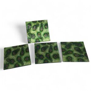 Peacock Feather Glass Coasters Set of 4 Decorative Iridescent Design Rubber Feet